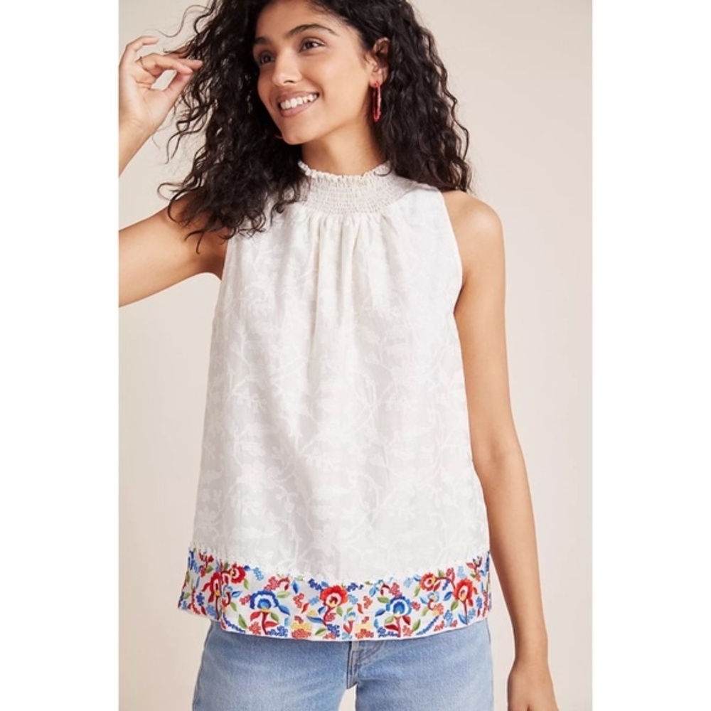 Payal Jain White Floral Blouse, Cotton, Silk, Embroidered Colorful Floral Trim